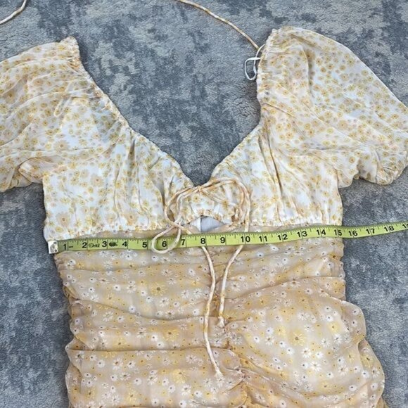New Free People Tessa Floral Print Ruched Dress Yellow Daisy Cut Out Sz S - Picture 6 of 12